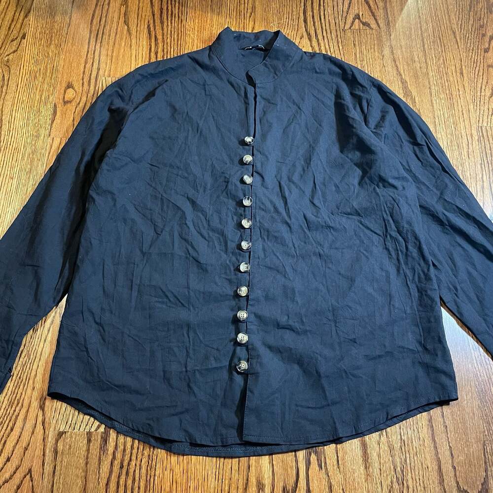 Ouku Men's Cotton Linen Mandarin Collar Button Down Shirt Black Size XL